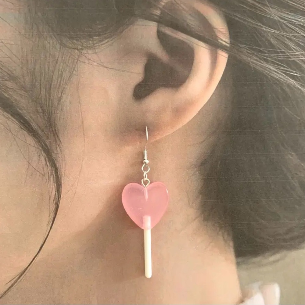 Pink Heart Lollipop Earrings with Gold Hooks